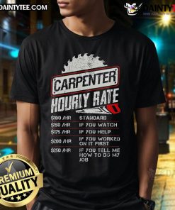 Funny Carpenter Hourly Rate T-Shirt showcasing humorous woodworking labor rates design for carpenters and DIY enthusiasts.