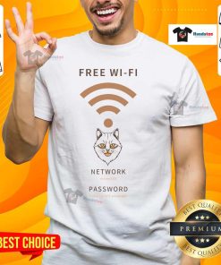 Funny Cat Free Wifi T-Shirt design featuring a playful cat with a WiFi symbol, perfect for cat lovers and tech enthusiasts.