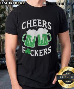 Funny Cheers Fckers Shamrock Drinking T-Shirt featuring a playful shamrock design for St. Patrick's Day festivities.