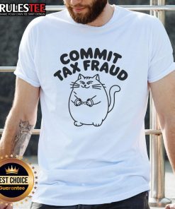 Alt Text: Funny cat meme on T-shirt with sarcastic humor about committing tax fraud, perfect for meme lovers.