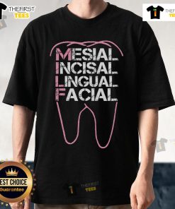 Alt Text: Funny dental quote T-shirt featuring 'Milf Mesial Incisal Lingual Facial' graphic design for dental enthusiasts.