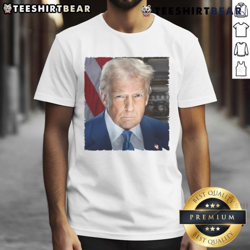Funny Donald Trump Presidential Portrait T-Shirt featuring a humorous cartoon design of Trump in a classic presidential pose.