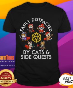 Funny RPG gamer t-shirt with D20 dice, featuring a cat and side quests theme for easily distracted gamers.