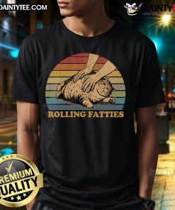 Alt Text: Funny fat cat rolling fatties t-shirt design featuring a chubby cat with a playful expression, perfect for cat lovers.