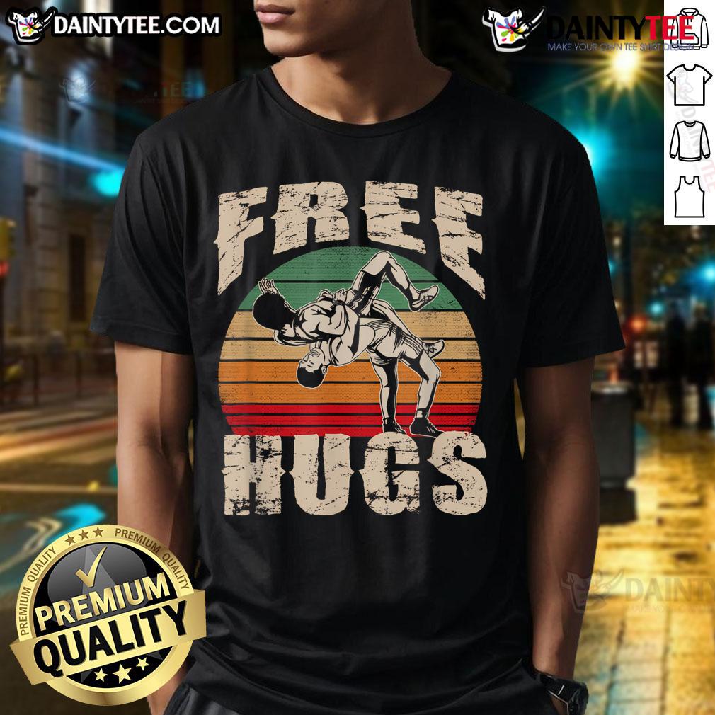 Funny Free Hugs Wrestling Vintage Sunset T Shirt Funny Free Hugs Wrestling Vintage Sunset T-Shirt featuring a playful design perfect for wrestling fans and casual wear.