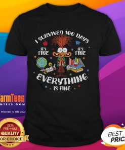 Alt Text: Funny I Survived 100 Days Of School It's Fine Everything Is Fine Disney Inside Out 2 T-Shirt design for kids.