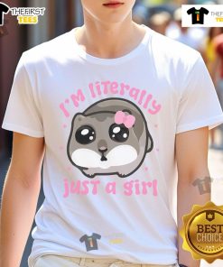 Alt Text: Funny I'M Literally Just A Girl Sad Hamster Meme T-Shirt with pink ribbon design, perfect for animal lovers and humor fans.