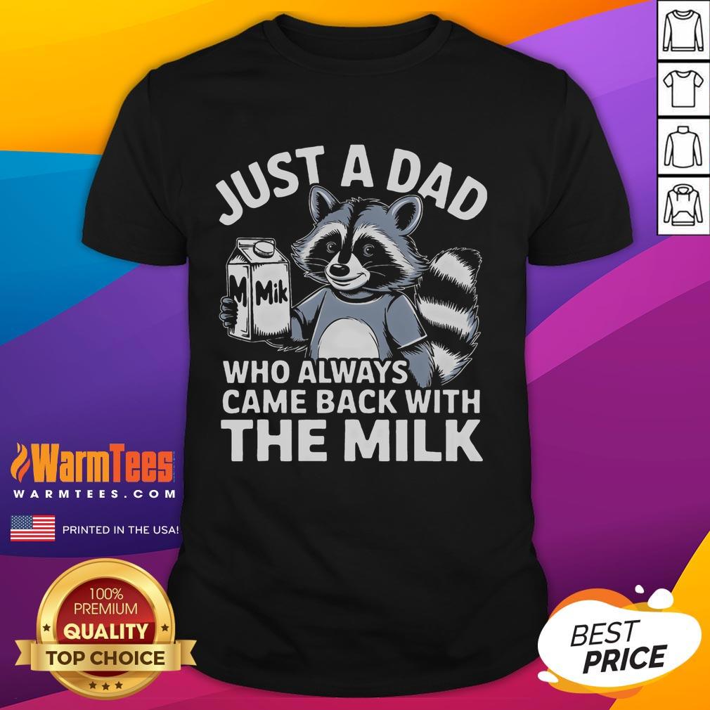 Funny Just A Dad Who Always Came Back With The Milk Raccoon T Shirt Alt Text: Funny Just A Dad Who Always Came Back With The Milk Raccoon T-Shirt for dads who love humor and quirky fashion.