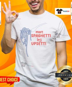 Funny More Spaghetti Less Upsetti Italian Pasta Humor T-Shirt featuring playful typography and pasta graphics.