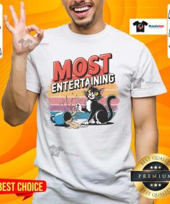 Funny retro coffee spilling cat t-shirt design with a sarcastic sunset, perfect for cat lovers and humor enthusiasts.