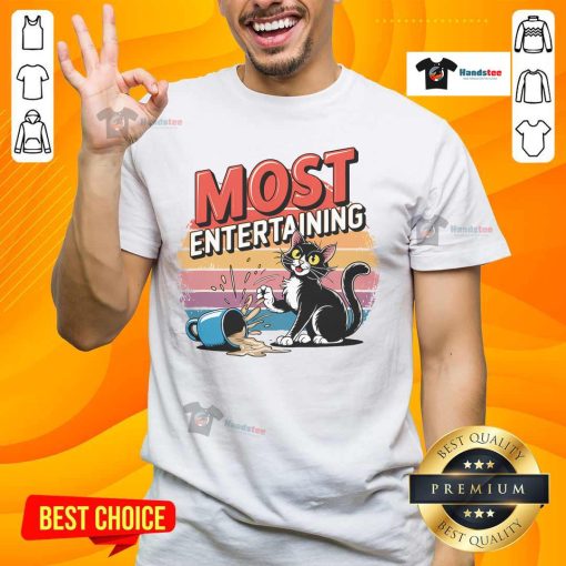 Funny retro coffee spilling cat t-shirt design with a sarcastic sunset, perfect for cat lovers and humor enthusiasts.