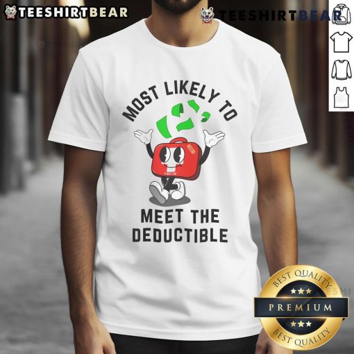 Funny 'Most Likely To Meet The Deductible' T-Shirt design featuring humorous text, perfect for insurance and finance enthusiasts.