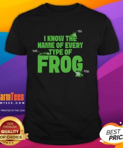 Funny Name Of Every Type Of Frog T-Shirt featuring colorful frog illustrations and humorous text, perfect for frog lovers.