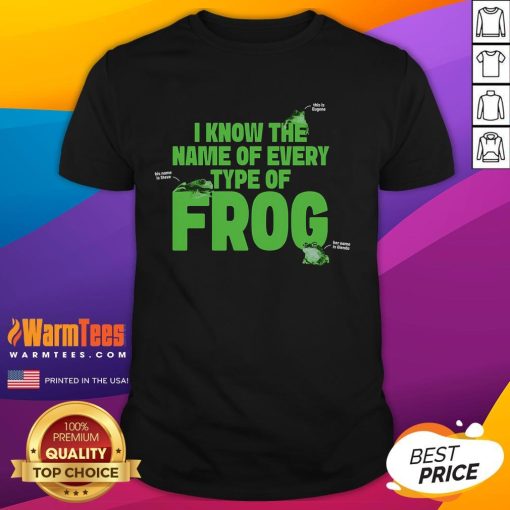 Funny Name Of Every Type Of Frog T-Shirt featuring colorful frog illustrations and humorous text, perfect for frog lovers.