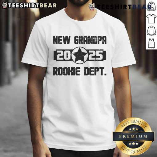 Alt Text: Funny New Grandpa Rookie Dept 2025 T-Shirt featuring humorous graphics perfect for new grandfathers celebrating their role.