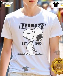 Funny Peanuts Snoopy Smile T-Shirt, Est 1950, featuring a cheerful Snoopy design for fans of the classic comic.