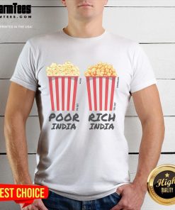 Funny Popcorn T-Shirt depicting 'Poor India Rich India' theme, showcasing humor and cultural commentary in vibrant design.