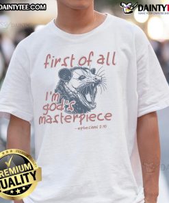 Funny Raccoon 'First Of All I'M God' T-Shirt design featuring a playful raccoon graphic, perfect for animal lovers.