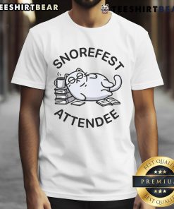 Alt Text: Funny Snorefest Attendee T-Shirt featuring a lazy cat design, perfect for cat lovers and sleep enthusiasts.