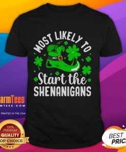 Funny St. Patrick's Day 'Most Likely to Start the Shenanigans' T-Shirt design with festive graphics and vibrant colors.