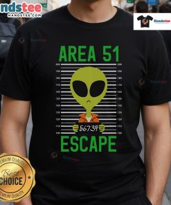Funny Storm Area 51 alien mugshot escape t-shirt featuring a playful graphic of an alien in a jail outfit.