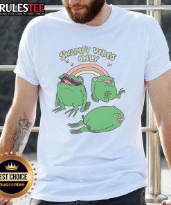 Funny Swampy Vibes Only Frogs T-Shirt featuring playful frog graphics and vibrant colors, perfect for casual wear.
