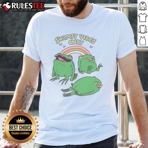 Funny Swampy Vibes Only Frogs T-Shirt featuring playful frog graphics and vibrant colors, perfect for casual wear.