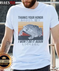 Funny Thanks Your Honor, I Won't Do It Again frog meme vintage T-shirt featuring a playful frog illustration.