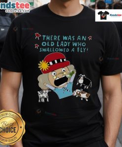Funny cartoon T-shirt featuring an old lady who swallowed a fly, perfect for fans of whimsical children's stories.