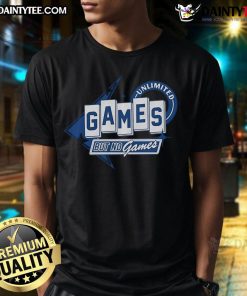 Funny Unlimited Games But No Games T-Shirt featuring a humorous design for gamers and gaming enthusiasts.
