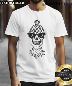 Funny upside down pineapple skeleton skull wearing sunglasses on a t-shirt, perfect for quirky and humorous fashion lovers.