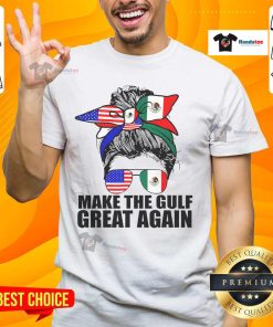 Alt Text: Funny 'Welcome To America's Gulf Mexico' Trump Girl T-Shirt design featuring a woman with a messy bun style.