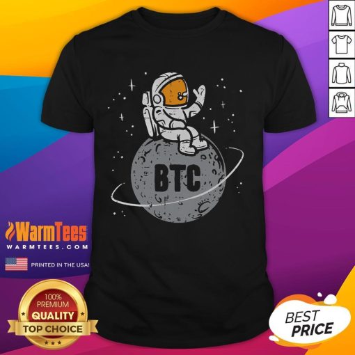 Good Astronaut Moon BTC Bitcoin Crypto T-Shirt featuring a playful astronaut design and vibrant cryptocurrency graphics.
