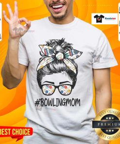 Bowling mom wearing a messy bun, glasses, and a bandana t-shirt for Mother's Day, celebrating good mom life.