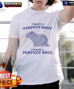 Good Capybara meme T-shirt featuring the phrase 'I Want A Perfect Body, I Want A Perfect Soul' in stylish typography.