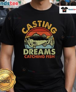 Retro sunset T-shirt featuring 'Good Casting Dreams' and a fisherman catching fish, perfect for fishing enthusiasts.