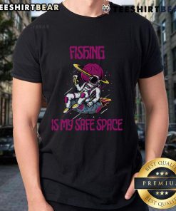 Good Fishing Is My Safe Space Astronaut T-Shirt featuring a colorful astronaut fishing design for fishing enthusiasts.