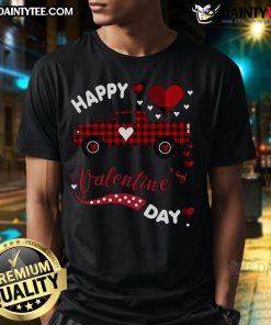 Happy Valentine's Day truck t-shirt featuring red plaid, love hearts, and a buffalo design for festive apparel.