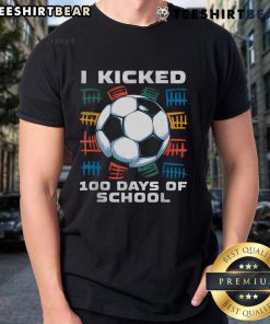 Boy wearing 'Good I Kicked 100 Days Of School Soccer' T-shirt, celebrating school soccer achievements with a joyful expression.