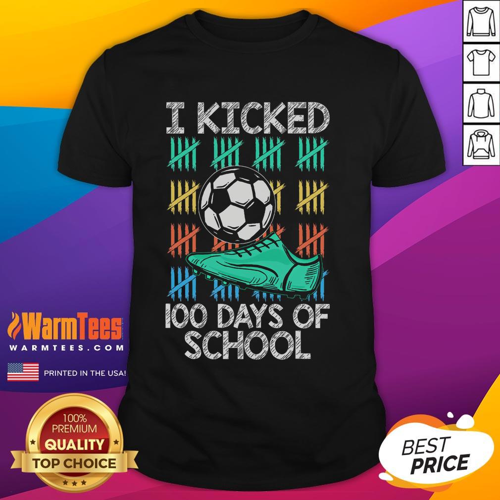 Good I Kicked 100 Days Of School Soccer Player Sports 100Th Day T Shirt Child wearing 'Good I Kicked 100 Days Of School' soccer player t-shirt celebrating 100th day of school sports theme.