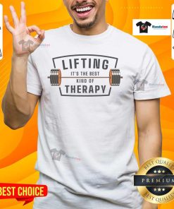 Funny weight lifting humor meme T-shirt design: 'Good Lifting Is The Best Kind Of Therapy' for gym enthusiasts.