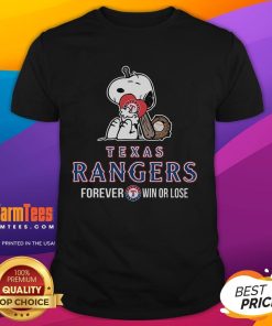 Alt Text: Good MLB The Peanuts Movie Snoopy Forever Win or Lose baseball Texas Rangers T-shirt featuring Snoopy in action.