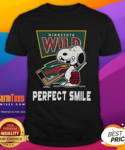 Alt Text: Minnesota Wild Snoopy T-shirt featuring a perfect smile, inspired by The Peanuts Movie for hockey fans.
