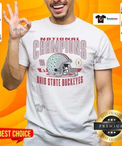 Ohio State Buckeyes National Champions helmet t-shirt showcasing team pride and championship spirit in vibrant colors.