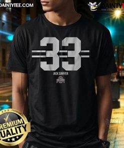 Good Ohio State Football Jack Sawyer 33 Stripe T-Shirt featuring bold stripes and team logo, perfect for fans.