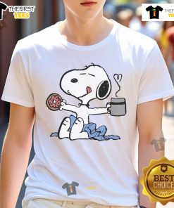 Good Peanuts Donut Coffee Snoopy T-Shirt featuring whimsical Snoopy design with donuts and coffee, perfect for fans.