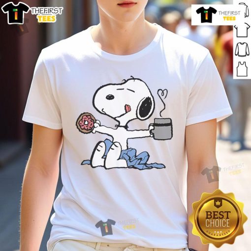 Good Peanuts Donut Coffee Snoopy T-Shirt featuring whimsical Snoopy design with donuts and coffee, perfect for fans.