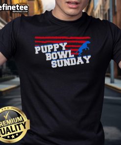 Cute dog wearing a vintage t-shirt for Puppy Bowl Sunday, perfect for dog lovers and football fans.