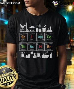 Good Science Teacher Chemistry Elements T-Shirt featuring colorful periodic table designs for science enthusiasts.