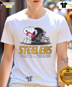 Good Snoopy Pittsburgh Steelers Forever Win Or Lose T-Shirt featuring Snoopy in Steelers gear, perfect for fans.